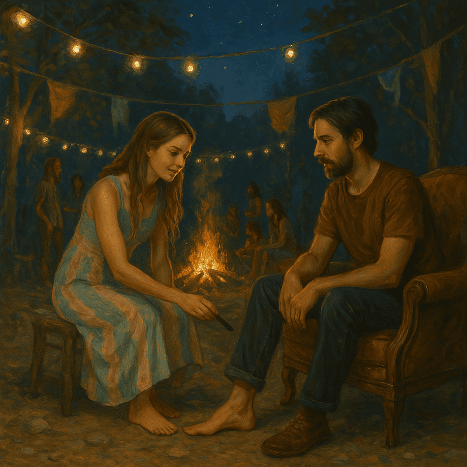 La mujer y el hombre de noche con la fogata en el festival